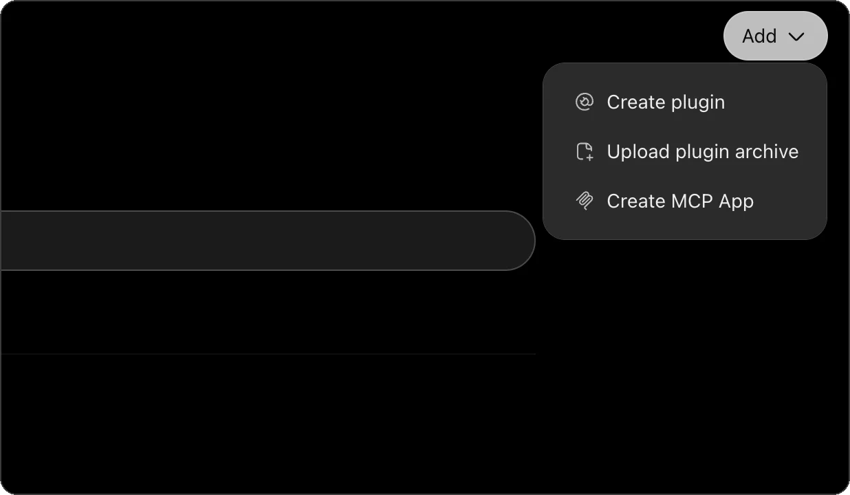 The Add menu on the ChatGPT plugins page, with Create MCP App
