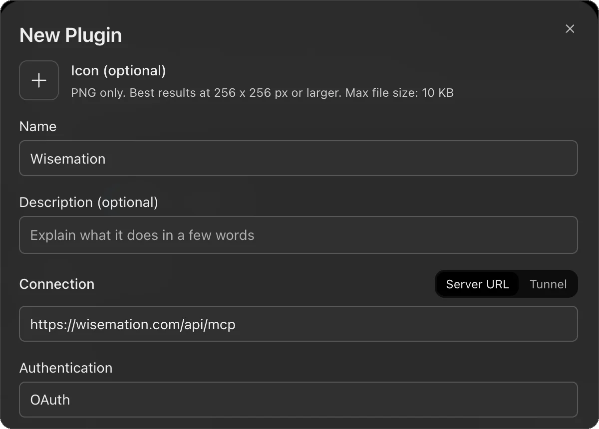 The New Plugin form with the name Wisemation, the address and OAuth