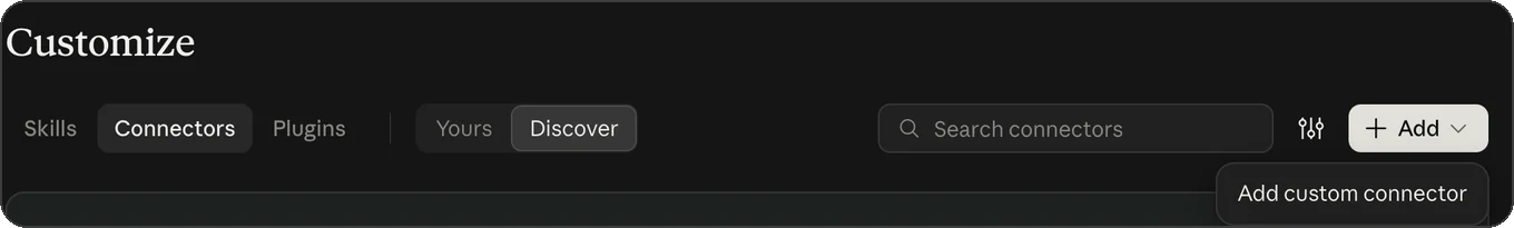 The Add menu on the Claude connectors page, with Add custom connector
