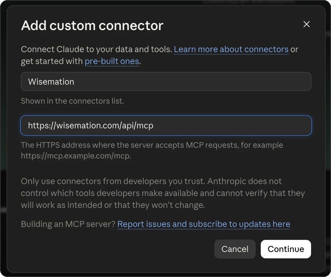 The Add custom connector form with the name Wisemation and the address filled in