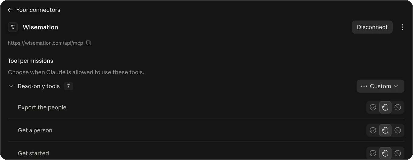The Wisemation connector page in Claude, connected, with its tools