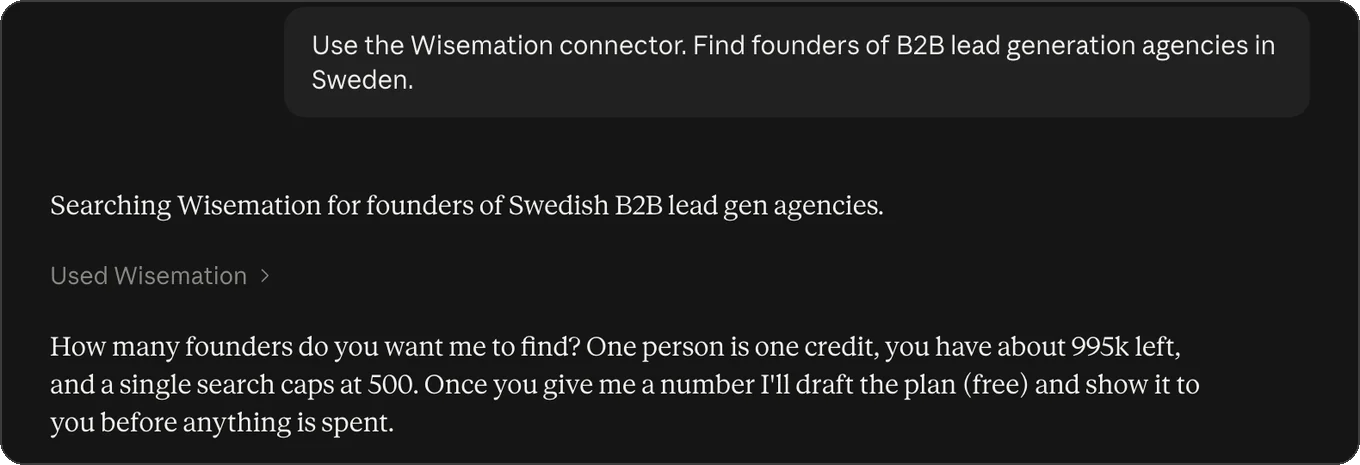 Claude asking how many founders to find, with the credits left
